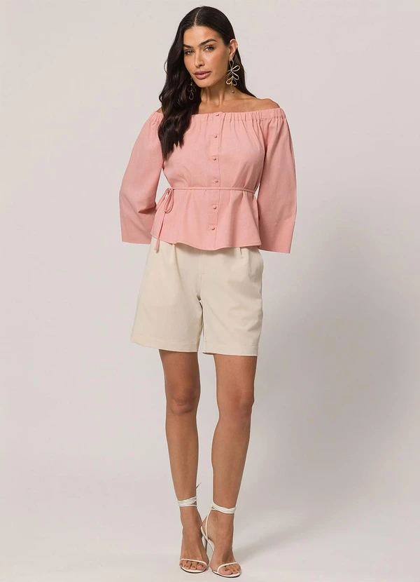 Doce Trama - Camisa Ombro a Ombro em Tela Linen Clássica Rosa 3