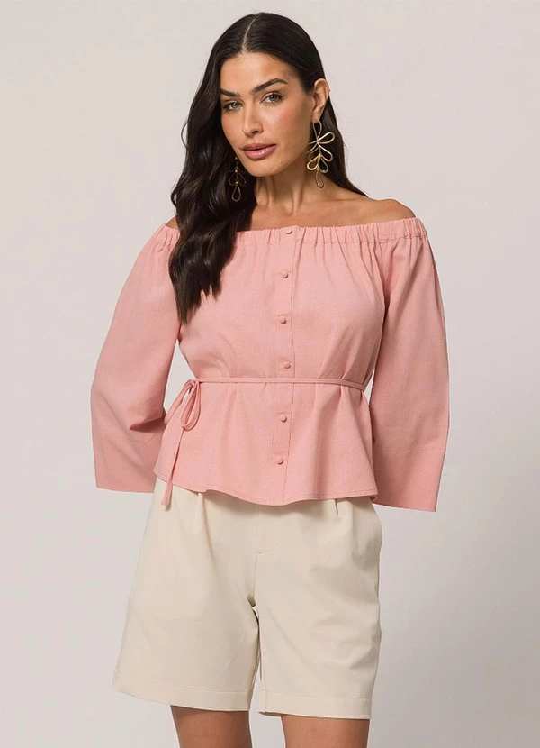 Doce Trama - Camisa Ombro a Ombro em Tela Linen Clássica Rosa 5
