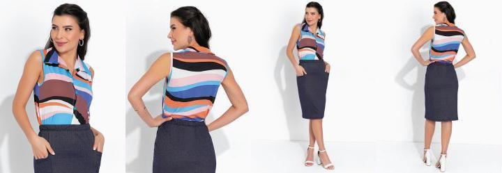 Blusa Abstrata Azul com Boto Moda Evanglica