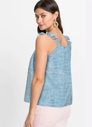 bonprix - Blusa Alça com Babado Azul - BONPRIX