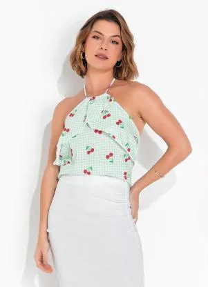 Queima Estoque - Blusa Alças para Amarrar com Babado Verde - QUEIMA ESTOQUE