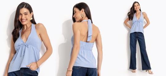 Blusa Azul em Crepe Plano