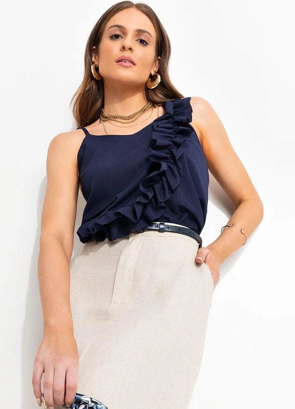 Quintess - Blusa de Alça com Regulagem e Babado em Crepe Marinho 5