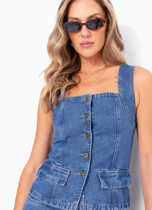 Quintess - Blusa Azul Médio em Jeans - QUINTESS