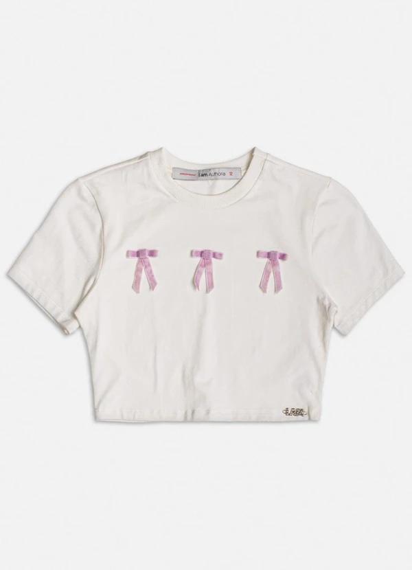 Authoria - Blusa Baby Tee Off com Laços de Veludo Branco