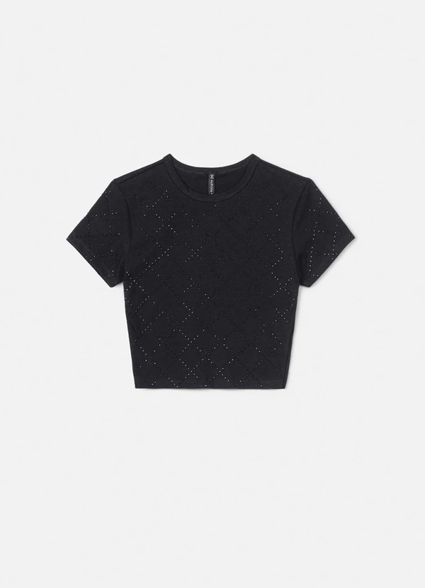 Authoria - Blusa Baby Tee Preta com Pedraria Preto