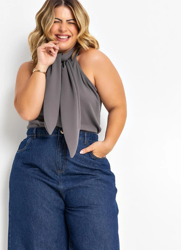 Quintess - Blusa Cinza Escuro em Malha Crepe