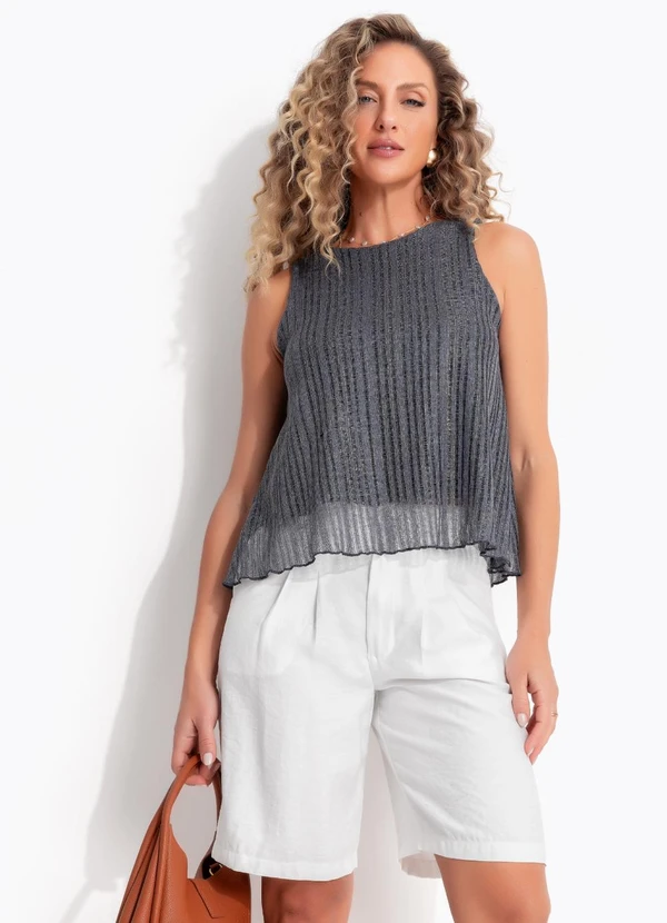 Quintess - Blusa Cinza Escuro em Malha Tricot com Fios de Lurex Dourado