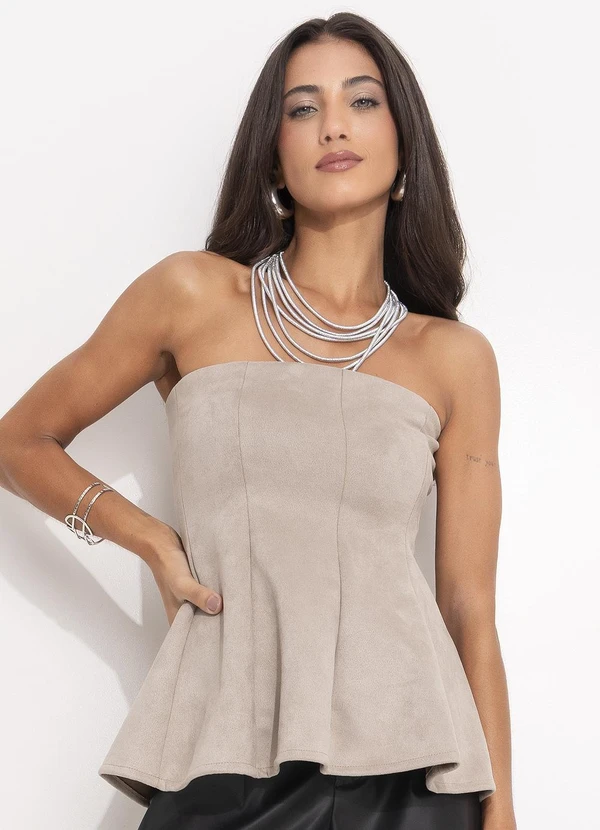Quintess - Blusa Cinza Peplum em Malha Suede