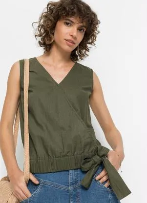 Queima Estoque - Blusa com Amarração na Barra Verde Oliva - QUEIMA ESTOQUE
