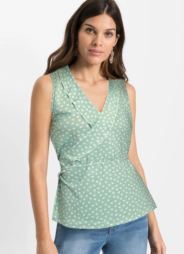 bonprix - Blusa com Babado e Amarração Poá Coração Verde 5