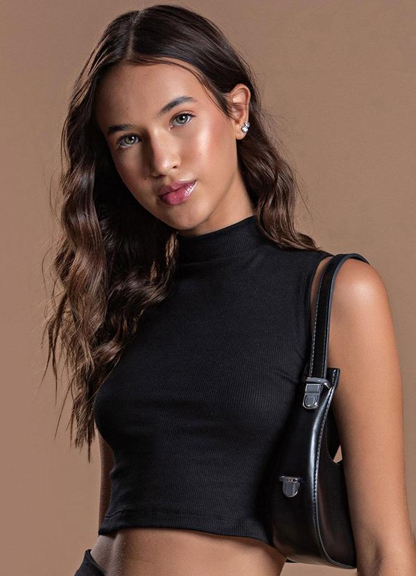 Choyee - Blusa Cropped sem Mangas com Gola Alta Preto 1