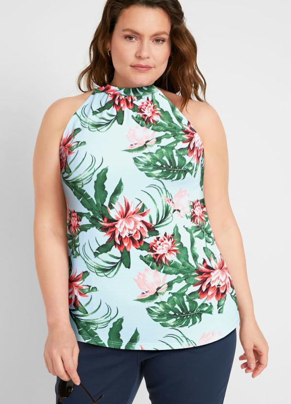 Outlet - Blusa Decote Trapézio Floral Verde