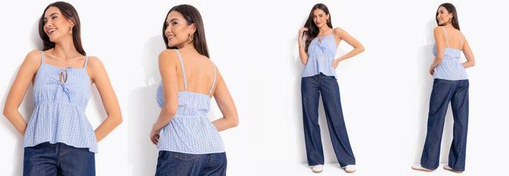 Blusa Devor� Azul em com Poli�ster e Algod�o