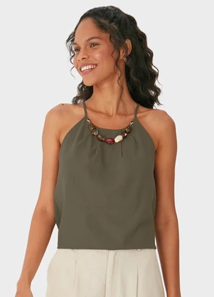 Malwee - Blusa Evasê com Colar Verde Musgo - MALWEE