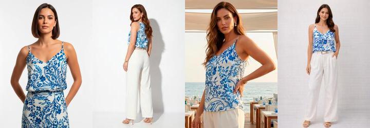 Blusa Floral Azul em Viscose Plana