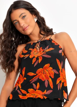 Quintess - Blusa Floral Laranja em Tule - QUINTESS