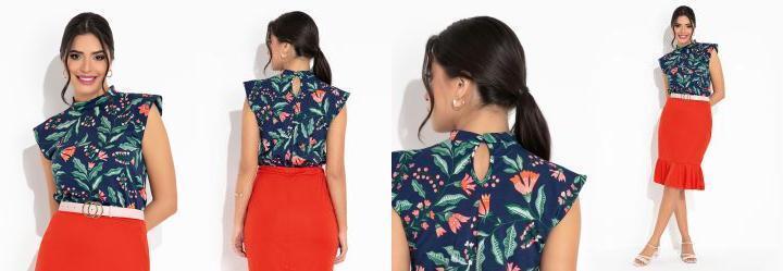 Blusa Floral Marinho com Gola