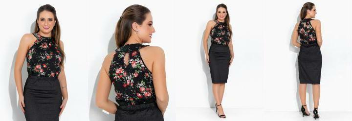 Blusa Floral Pt Decote Trapzio