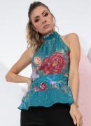 Blusa Floral Verde com Babado no Decote e Faixa