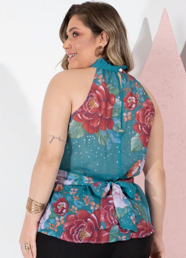 Outlet - Blusa Floral Verde com Babado no Decote e Faixa 6