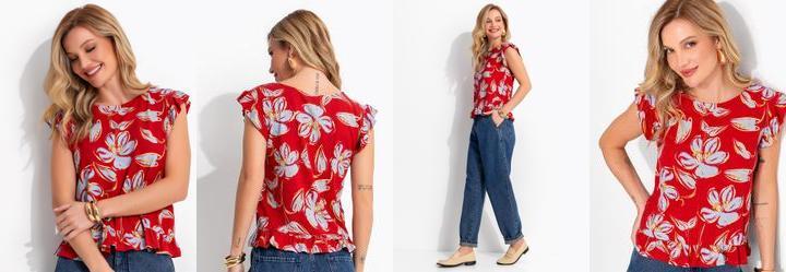 Blusa Floral Vermelho em Malha de Viscolycra