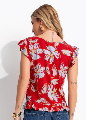 Quintess - Blusa Floral Vermelho em Malha de Viscolycra - QUINTESS