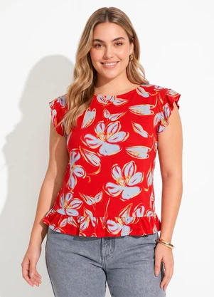 Quintess - Blusa Floral Vermelho em Malha de Viscolycra - QUINTESS