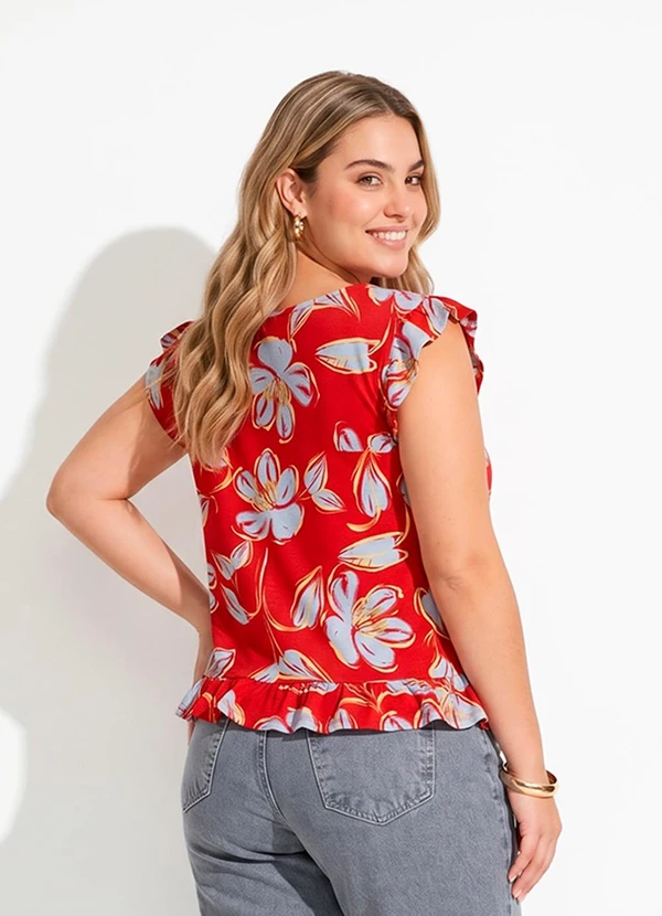 Quintess - Blusa Floral Vermelho em Malha de Viscolycra