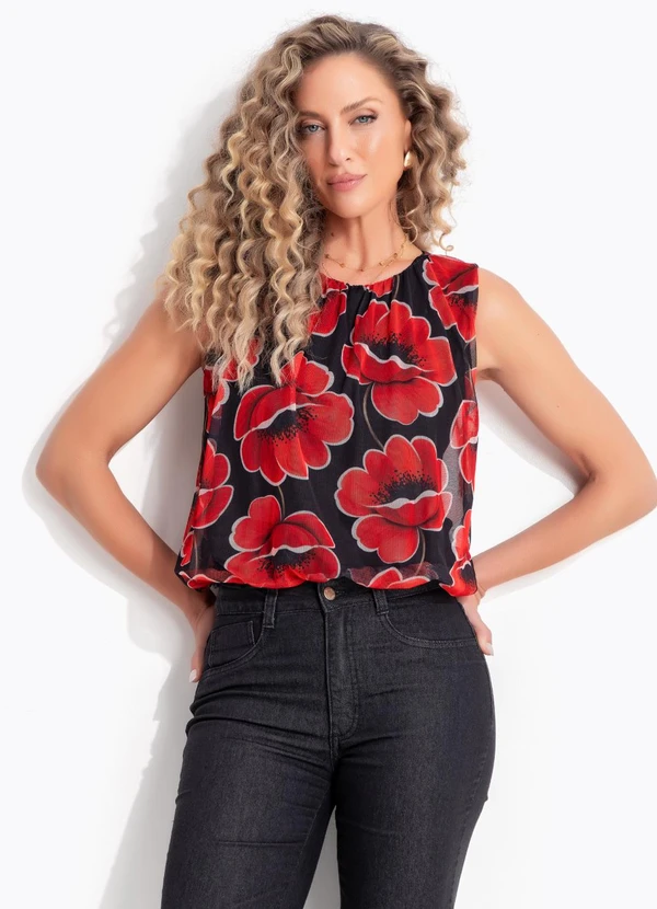 Quintess - Blusa Floral Vermelho em Tule