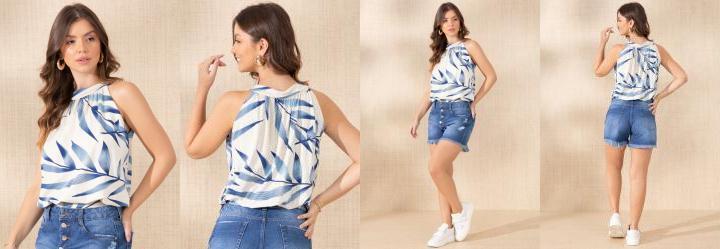 Blusa Folhagem Azul com Cava Americana