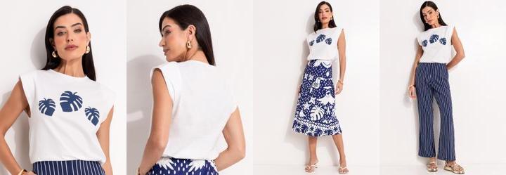 Blusa Folhagem Azul em Malha de Algodo Penteado