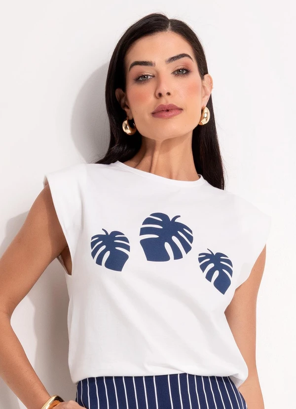 Quintess - Blusa Folhagem Azul em Malha de Algodão Penteado