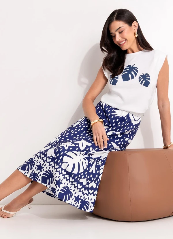 Quintess - Blusa Folhagem Azul em Malha de Algodão Penteado 2