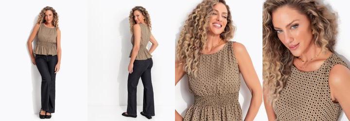 Blusa Geom�trica Bege em Crepe Plano