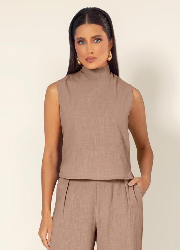 Gris - Blusa Gola Alta em Algodão Marrom Claro