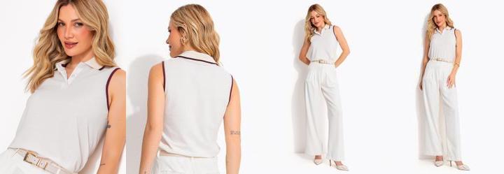 Regata Polo Feminina em Malha Piquet Off White com Detalhe Vinho
