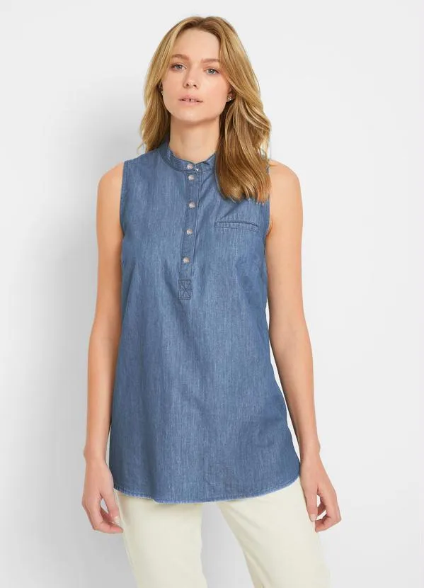 bonprix - Blusa Jeans Azul Médio