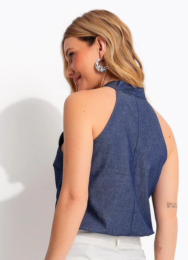 Quintess - Blusa Jeans Frente Única com Gola Laço e Modelagem Solta 2