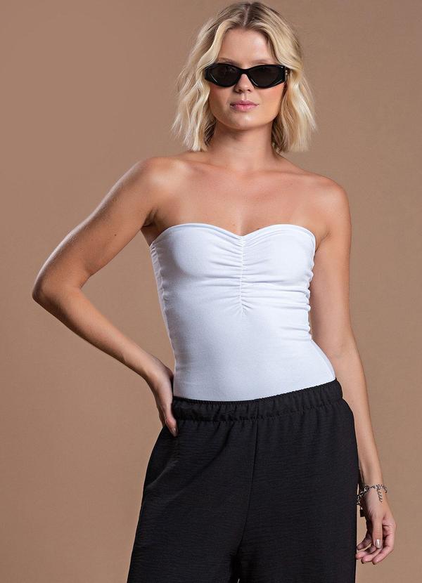 Choyee - Blusa Justa sem Alças com Franzido Branco 6