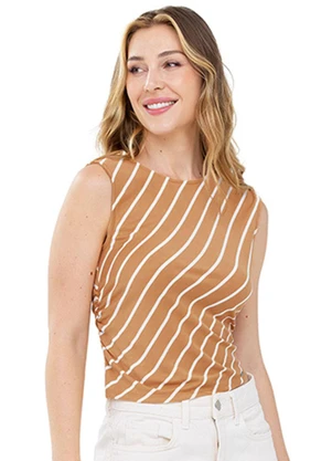 Outlet - Blusa Listrada Assimétrica Adulto Feminino Bege - OUTLET