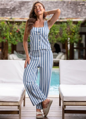 Quintess - Blusa Listrado Azul em Moletinho Eco Listrado - QUINTESS