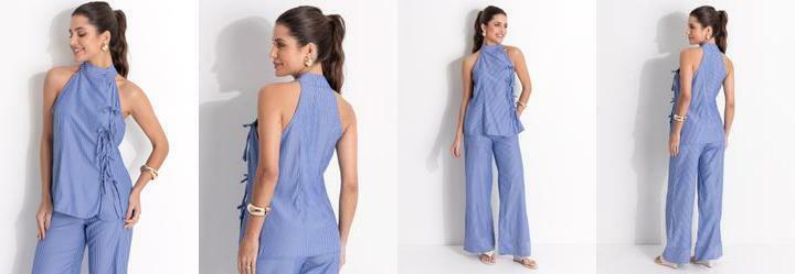 Blusa Listrado Azul em Poli�ster com Viscose