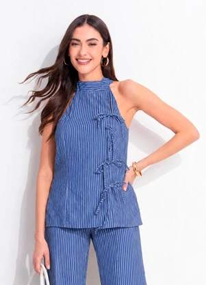 Quintess - Blusa Listrado Azul em Poliéster com Viscose - QUINTESS