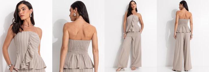 Blusa Listrado Bege em Alfaiataria Risca de Giz