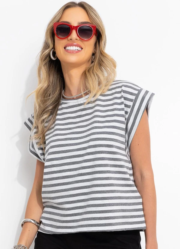 Bimini - Blusa Listrado Mescla em Meia Malha Listrada