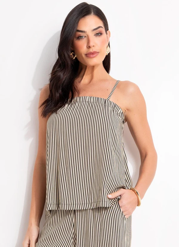 Quintess - Blusa Listrado Preto em Viscose Plana