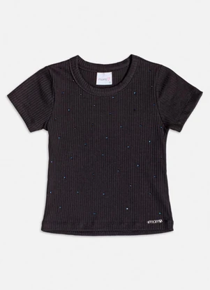 Momi - Blusa Manga Curta Canelada com Strass Preto - MOMI