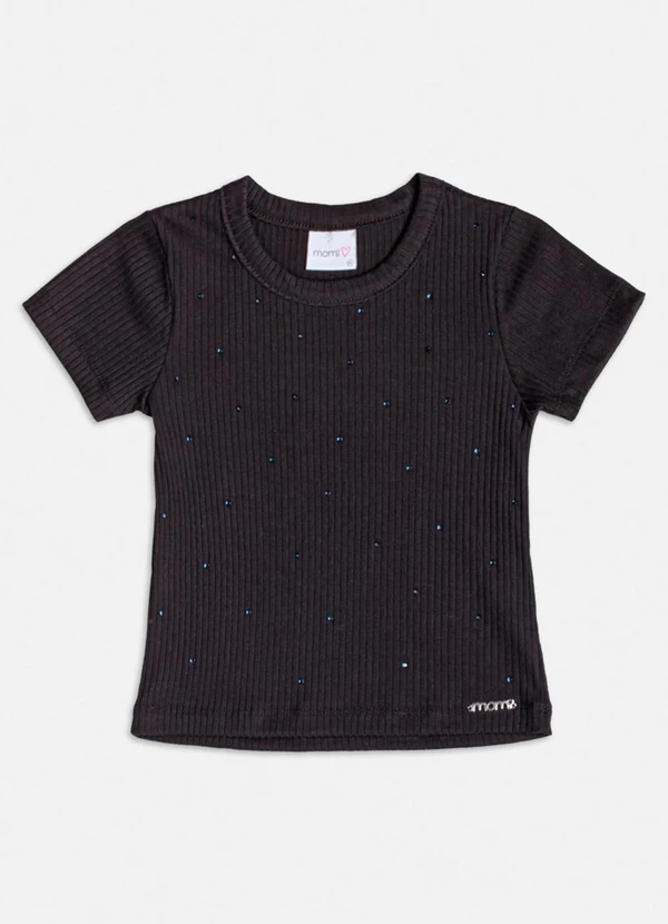 Momi - Blusa Manga Curta Canelada com Strass Preto