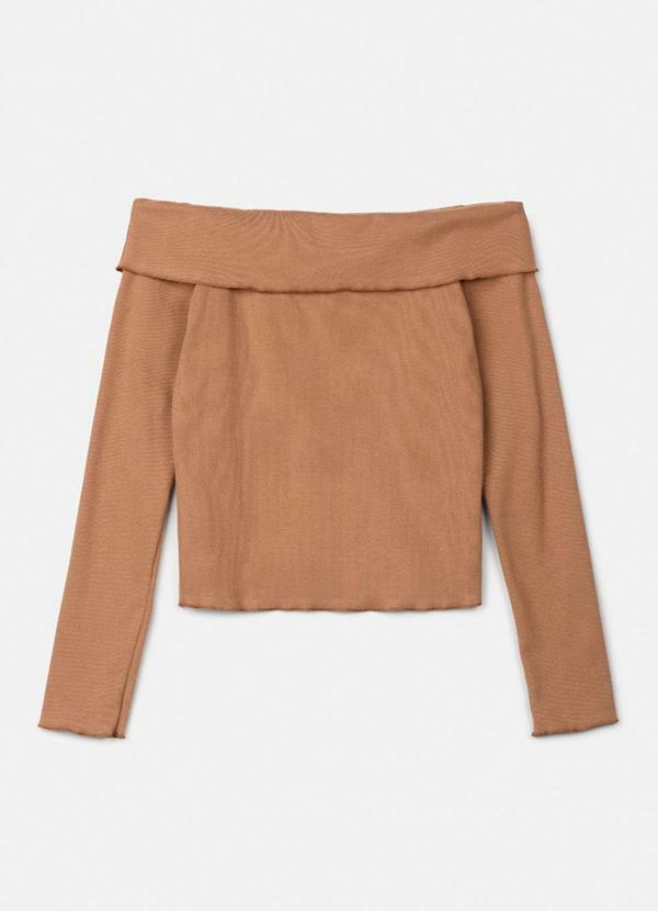 Authoria - Blusa Manga Longa Camel Ombro a Ombro Marrom